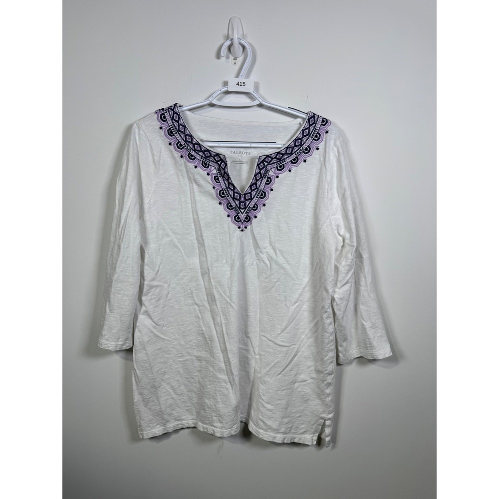 Talbots Womens Large White Cotton Embroidered V-Neck 3/4 Sleeve Top